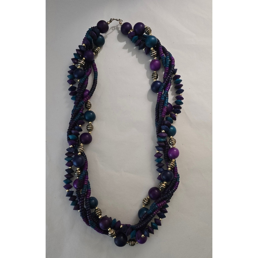 Boho Multi Strand Chunky Wood Bead Statement Necklace Purple Teal Blue Gold Tone